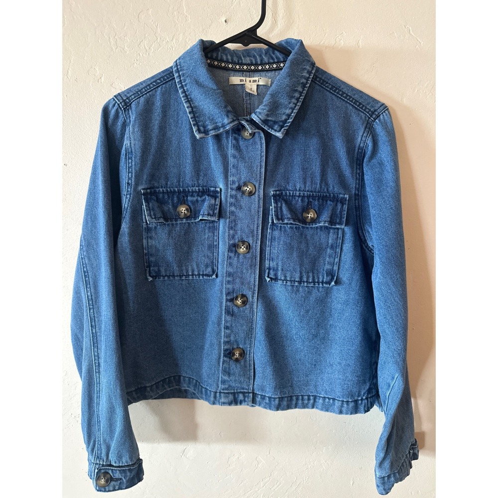 Miami Vintage Style Utility Denim Jacket Cropped Button Down Layering Shacket S